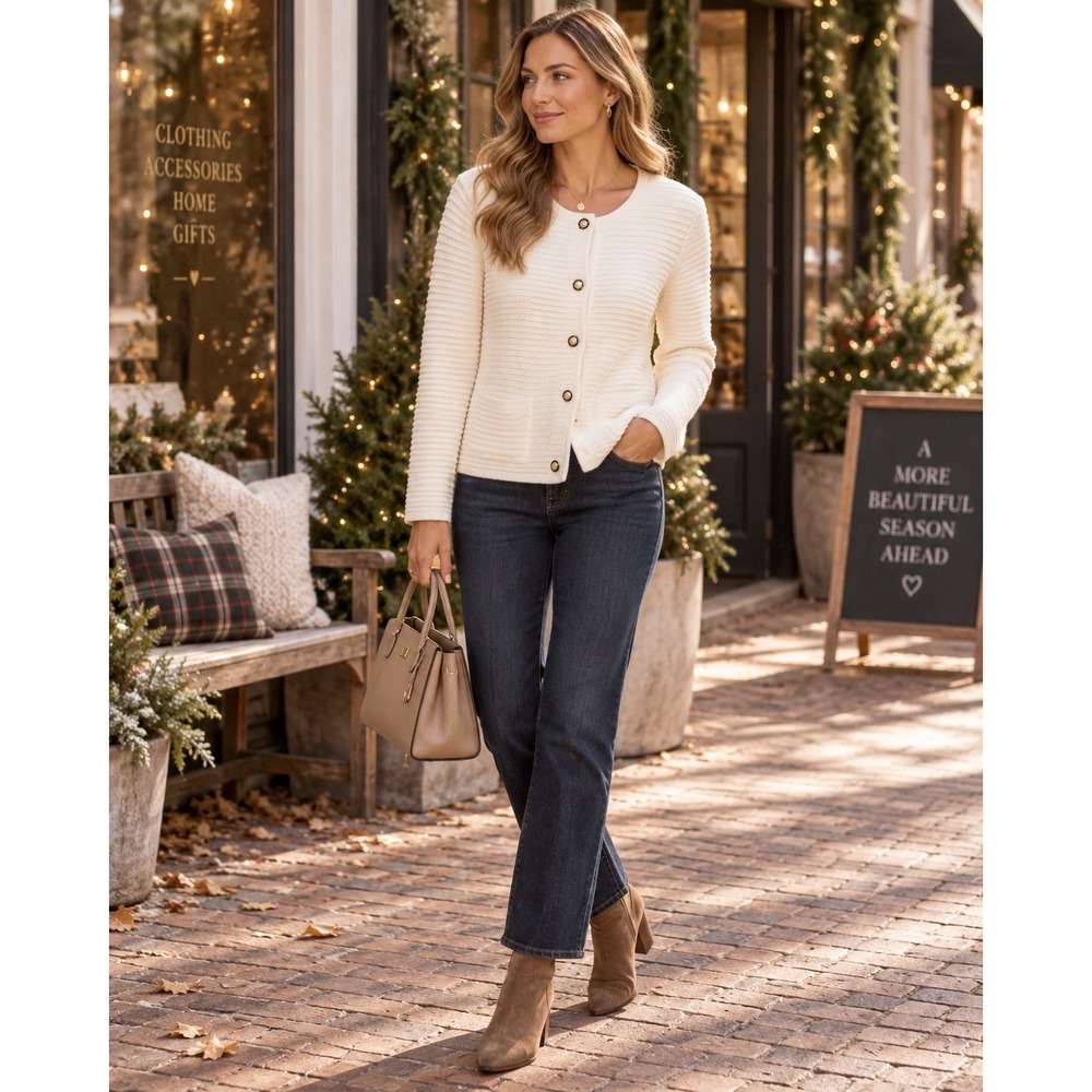 Hilary Radley Women L Cream Cardigan Textured Knit Button Front Pocket Crew Neck